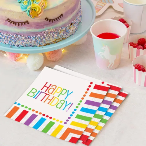Miniatura 4 de Servilletas de almuerzo de cumpleaños arcoíris – 16 unidades, diseño elegante y vibrante, servilletas de papel premium para fiestas y eventos