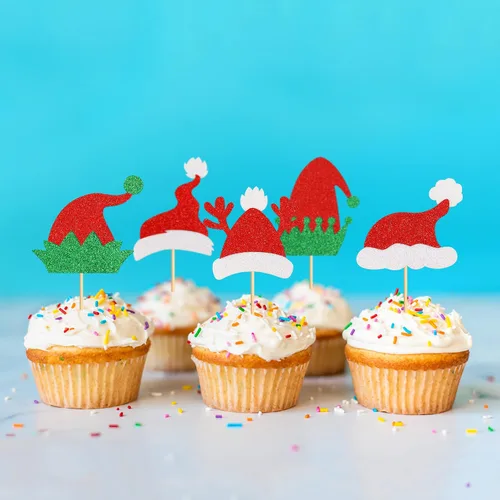 Miniatura 5 de Ercadio Paquete de 25 adornos para cupcakes de Papá Noel y elfo - Sombreros de Papá Noel con purpurina, sombreros de elfo, palillos para cupcakes