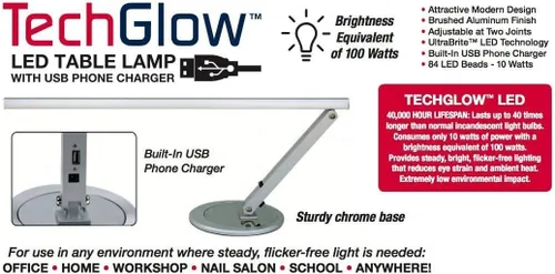 Miniatura 3 de Americanails TechGlow - Lámpara de mesa LED ajustable con puerto de carga USB, antirreflejos y parpadeo, lámpara de escritorio para el cuidado