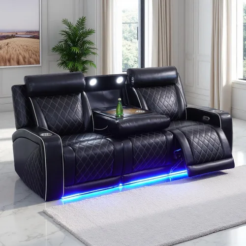 Miniatura 50 de Juego de Sofá Reclinable Eléctrico, Juego de Sofá y Sillón Reclinable de Cuero Negro, Juegos de Muebles de Sala de Estar, Sofá de Dos Plazas
