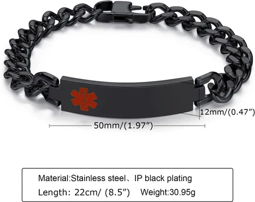 Miniatura 2 de VNOX Pulsera de identificación de alerta médica con grabado gratuito para hombres y mujeres, etiqueta médica, cadena de eslabones de acero inoxidable