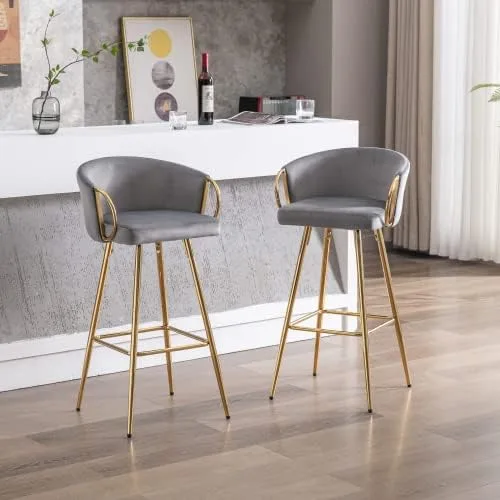 Miniatura 9 de Taburetes de bar modernos de terciopelo, juego de 2 taburetes de bar con respaldo y reposapiés cromados, taburetes de bar altos con patas doradas