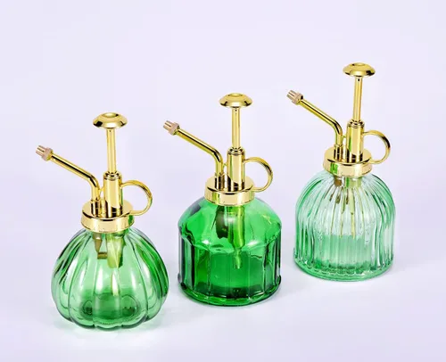Miniatura 7 de Botella pulverizadora de vidrio para plantas, botella de rociador de agua de vidrio verde de 6.5 pulgadas con bomba superior dorada, regadera