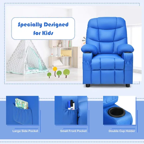Miniatura 8 de Costzon Silla Reclinable para Niños con Portavasos, Silla de Salón de Cuero Ajustable con Reposapiés y Bolsillos Laterales para Habitación de Niños