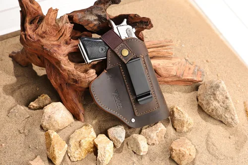 Miniatura 9 de Funda de pistola universal de cuero IWB/OWB para hombre y mujer, derecha/izquierda, funda oculta compatible con Glock 17/19/23/26/42/43X, Taurus