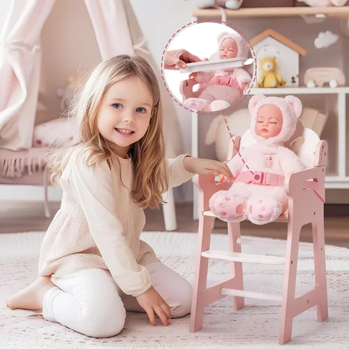 Miniatura 5 de ROBUD Silla alta de muñeca de bebé, silla alta de juego de simulación con cinturón de seguridad, accesorios de muñeca de madera rosa con mesa móvil
