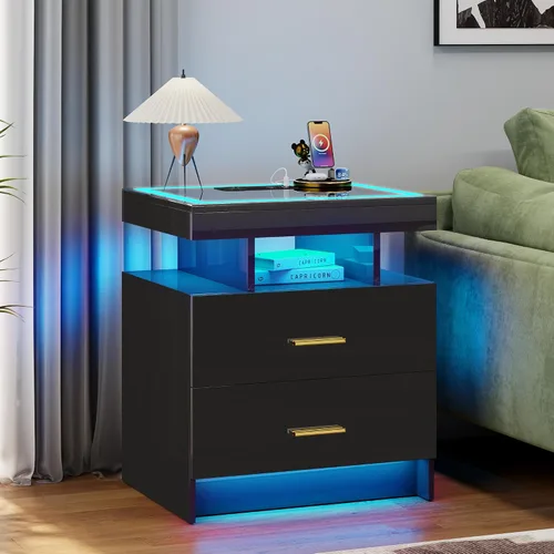 Miniatura 10 de WOOVIVS Juego de 2 mesitas de noche con carga inalámbrica y luces LED para dormitorio, mesita de noche con tablero de vidrio y diseño de 2 cajones