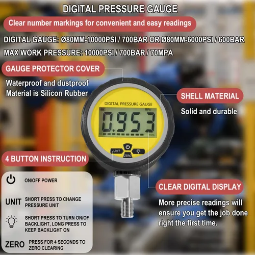 Miniatura 3 de Medidor de presión hidráulica digital 10000 PSI/700BAR con conector NPT de 1/4 pulgadas, probador de presión hidráulica con cubierta protectora