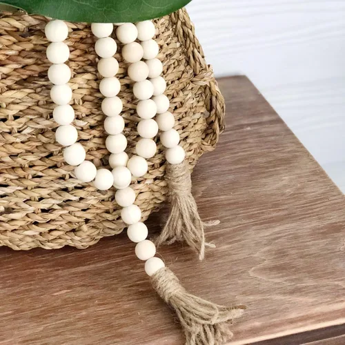 Miniatura 7 de CVHOMEDECO. Guirnalda de cuentas de madera con borlas, estilo rústico de granja, cadena de cuentas de oración para colgar en la pared, acento
