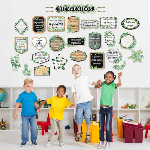 Miniatura 5 de Pasimy 24 carteles inspiradores en español Bienvenidos para el aula, carteles motivacionales de eucalipto, juego de tablones de anuncios