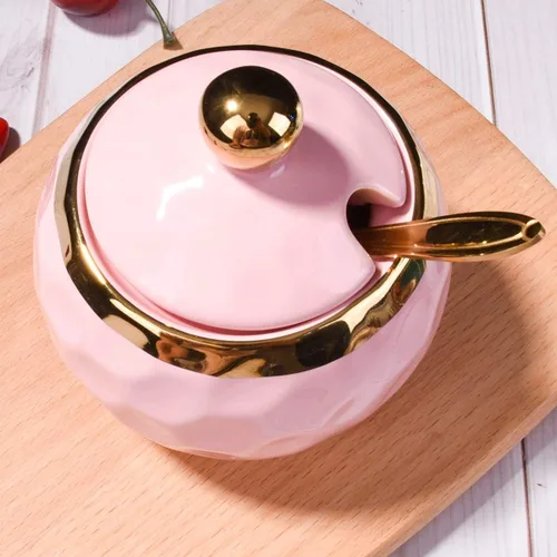 Miniatura 2 de Azucarero de cerámica con cuchara, tarro de azúcar con borde dorado, recipiente de sal de cerámica en forma de golf con tapa para el hogar