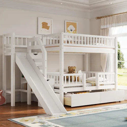 Miniatura 22 de Litera de casa individual sobre cama individual con tobogán convertible y nido, litera de madera maciza con techo y ventana para niños, verde-blanco