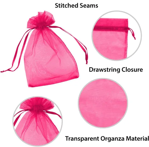 Miniatura 3 de Super Z Outlet Paquete de 100 mini bolsas transparentes de organza transparentes con cordón de 4 x 6 pulgadas, bolsas de joyería para bodas, Fucsia
