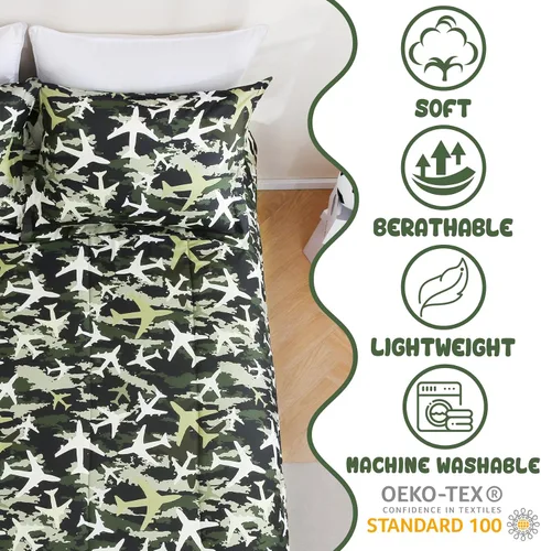 Miniatura 4 de Juego de colcha Yibeizi para avión para niños, tamaño individual, ropa de cama estampada en camuflaje verde para niños con funda de almohada, juego