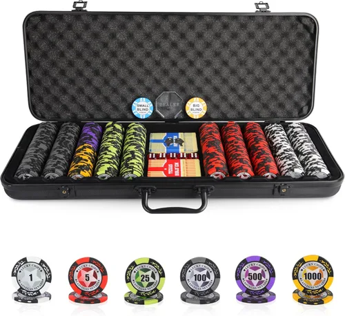 Miniatura 10 de ORIENGEAR Juego de fichas de póquer con denominaciones, 300 unidades de 14 gramos de fichas de casino de arcilla compuesta con estuche ABS y 2 mazos