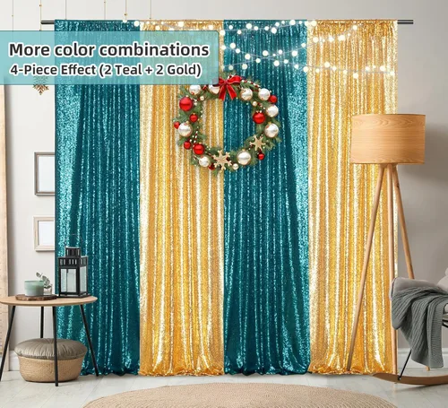Miniatura 5 de Juya Delight 2 x 8 pies x 2 piezas, cortina de fondo de fotografía de lentejuelas verde azulado para decoración de bodas, fiestas, festivales