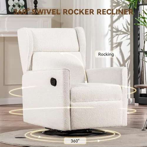 Miniatura 3 de COMHOMA Mecedora para Cuarto de Bebé Teddy Tapizada Mecedora Giratoria Reclinable Manual Deslizante Silla Reclinable para Sala de Estar Dormitorio