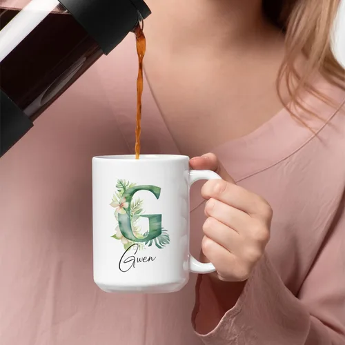 Miniatura 5 de Taza de cerámica blanca con monograma de letra inicial personalizada, alfabeto floral, nombre personalizado y inicial A-Z, taza de café de 11 onzas