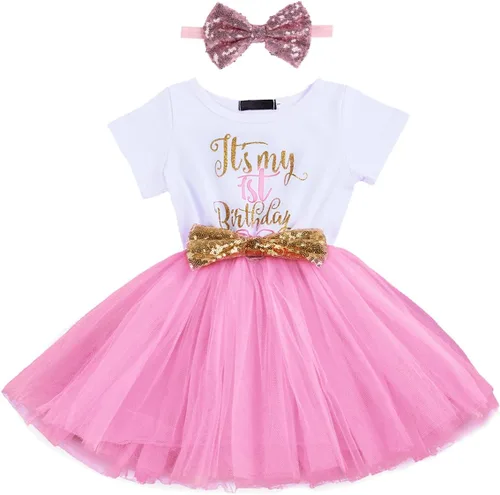 Vestido de tutú de tul con lazo de lentejuelas para recién nacido, con corbatín y texto en inglés "It's My 1st2nd Birthday" para la fiesta de