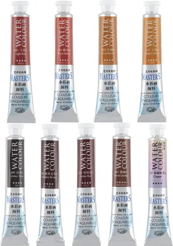 Marie's Masters - Pintura de acuarela de calidad, colores tierra, 0.3 fl oz (juego de 9), color concentrado, pigmentos puros, alta resistencia a la