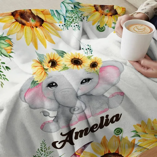 Miniatura 6 de Manta de bebé personalizada con nombre, elefante y girasol, manta de forro polar personalizada para niñas, niños, baby shower, regalo de cumpleaños