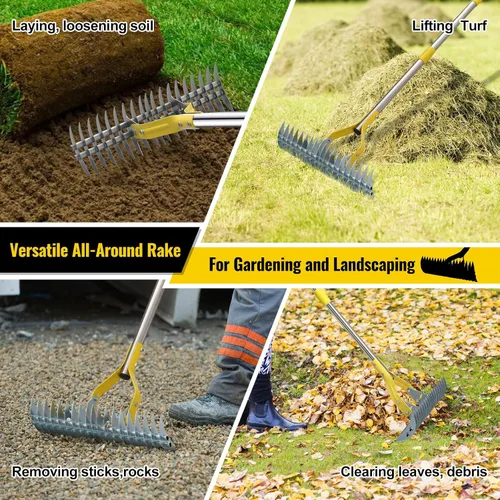 Miniatura 5 de Rastrillo de paja 2 en 1 de acero inoxidable para hojas de paja, 55 pulgadas, resistente 19 púas, desrastrador manual de césped con cabeza
