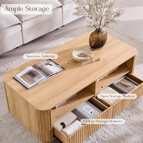 Miniatura 4 de ACCOHOHO Mesa de centro acanalada de 51 pulgadas con almacenamiento, mesa central grande y moderna con 2 cajones, mesa auxiliar rectangular de Roble