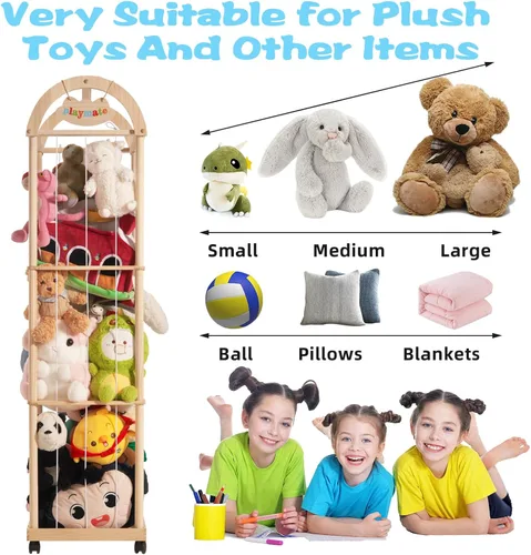 Miniatura 3 de Organizador grande de almacenamiento de animales de peluche, 61 pulgadas de alto de madera de alta calidad, lindo soporte para juguetes de zoológico