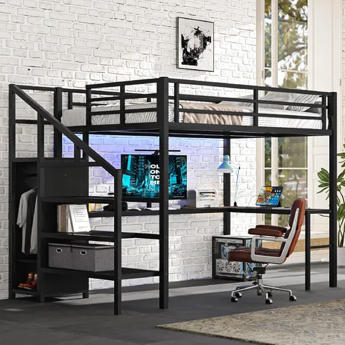 Miniatura 12 de Bellemave Cama alta individual XL con escritorio y escaleras de almacenamiento, marco de cama de metal individual XL con redes de hierro, luces LED