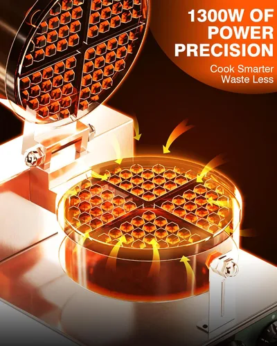 Miniatura 2 de PYY Gofrera Comercial - Plancha de Gofres Antiadherente de 1300W, Máquina de Gofres Belga Redonda de Acero Inoxidable 20Pcs/H, Control de Tiempo