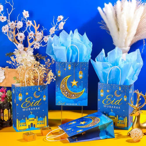 Miniatura 3 de Censen 16 juegos de bolsas de regalo de Eid Mubarak con papel de seda, bolsas de golosinas de Ramadán para suministros de fiesta de Ramadán (azul)