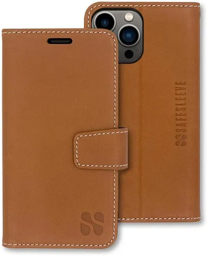 Miniatura 36 de SafeSleeve Funda de piel tipo cartera desmontable para iPhone 14 con bloqueador EMF para teléfono celular con 3 tarjeteros y soporte ajustable