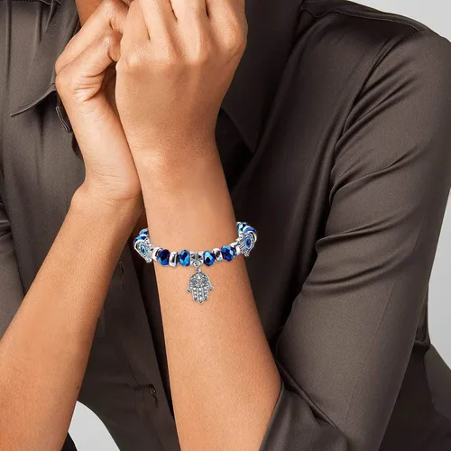 Miniatura 5 de Zeshimb Pulsera Hamsa de ojo turco con cuentas de cristal, pulsera de mano de Fátima elástica lateral con ojo azul Hamsa, pulsera turca de mal