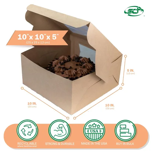 Miniatura 2 de Southern Champion Tray 23053K Caja de panadería de ventana de esquina con cerradura de cartón Kraft, 10 pulgadas de largo x 10 pulgadas de ancho x 5