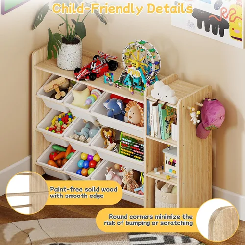 Miniatura 4 de GITAWUSA Organizador de almacenamiento de juguetes para niños, estante de madera con 3 niveles y 9 contenedores de almacenamiento, organizador