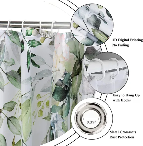 Miniatura 5 de Cortina de ducha de eucalipto, hojas verdes de acuarela en la parte superior con cortina de baño floral, decoración de baño para bañera, tela Hoja