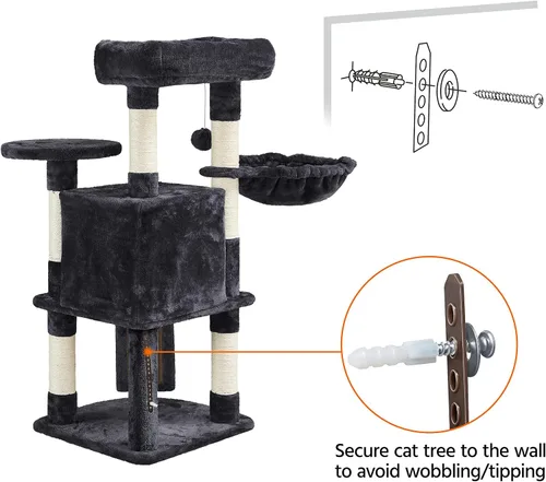 Miniatura 9 de Topeakmart Árbol para gatos, muebles para gatos de varios niveles de 42 pulgadas con perca, postes rascadores, hamaca y condominio, gris oscuro