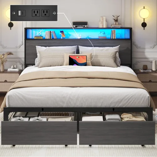 Lifezone Base de cama Queen con cabecera de almacenamiento de 2 niveles, marco de cama de metal para dormitorio con 2 cajones de almacenamiento,
