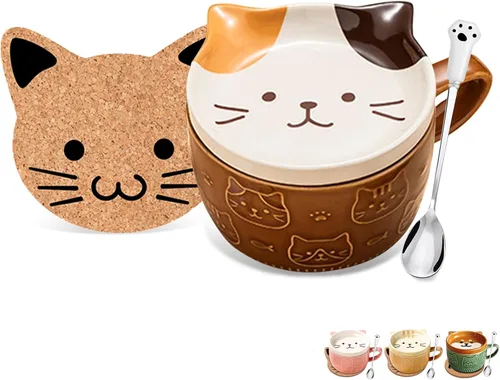 Miniatura 10 de BigNoseDeer 2 tazas lindas de cerámica Kawaii con gato, taza de café con tapa, tazas de té y platillos para postre, regalos lindos para amantes