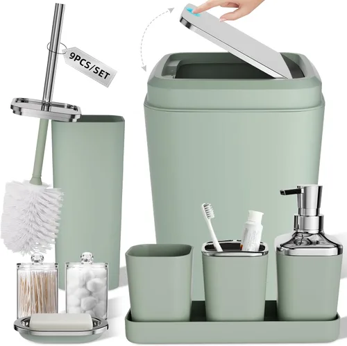 Miniatura 67 de XLHOMO - Juego de baño beige de plástico de 9 piezas, con basurero, dispensador de jabón, portacepillos de dientes, vaso, jabonera, cepillo
