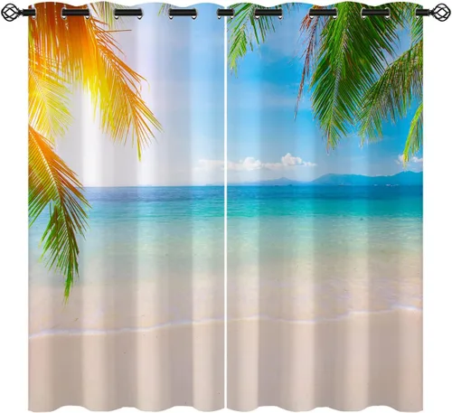 Miniatura 12 de Cortinas opacas de arena para niñas y niños, decoración del hogar, vacaciones, playa, agua azul, puesta de sol, nubes, ojales, aislamiento térmico