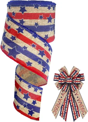 1 rollo de cinta de tela para el Día de los Veteranos, cinta de decoración patriótica, color marrón, estrellas pequeñas, arpillera, con borde con