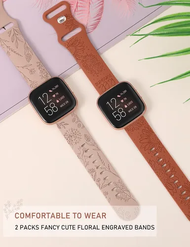 Miniatura 3 de Minyee Paquete de 2 correas con grabado floral compatibles con Fitbit Versa 2/Fitbit Versa/Versa Lite para mujeres, linda correa deportiva de Marrón