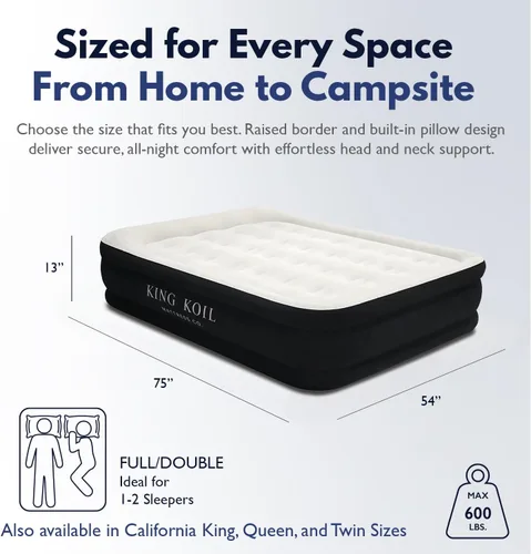 Miniatura 2 de King Koil Colchón de aire inflable con superficie de almohada suave tamaño completo con bomba incorporada de alta velocidad para el hogar, Negro