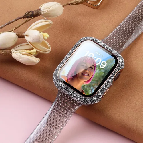 Miniatura 4 de Funda protectora brillante compatible con Apple Watch de 40/44/41/1.772 in, con diamantes de imitación para iWatch SE/Series 9/8/7/6/5/4