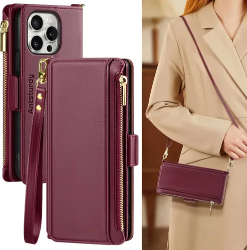 Miniatura 10 de Antsturdy Compatible con iPhone 15 Pro Max Funda Cartera para Mujeres【Bloqueo RFID】Funda de Teléfono Cruzada de Cuero PU con Cremallera y Correa