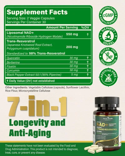 Miniatura 8 de Suplemento liposomal NAD+ nicotinamida ribósido de 550 mg con trans-resveratrol 200 mg - Quercetina, fisetina para el metabolismo, energía celular