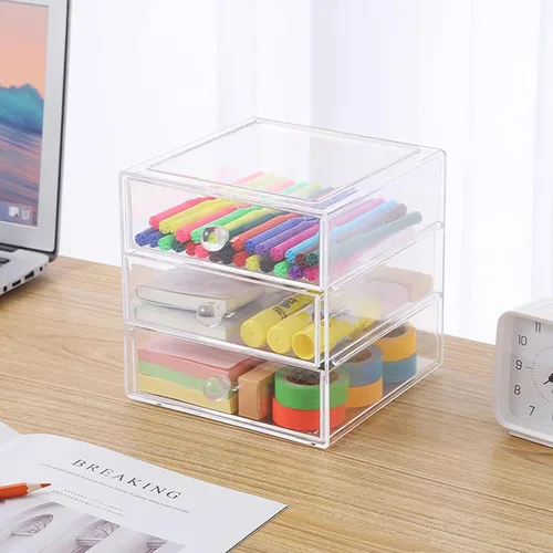 Miniatura 6 de AJIODA Caja organizadora de cajones de maquillaje con 3 cajones, vitrina de acrílico para cosméticos, organizador de tocador, caja de almacenamiento