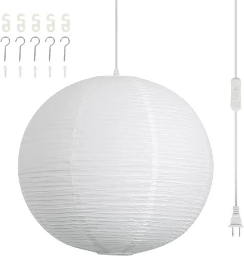Miniatura 10 de Lámpara colgante de papel con enchufe, lámpara colgante de papel de arroz blanco roto de 20 pulgadas con cable de 19.7 pies de globo grande japonés