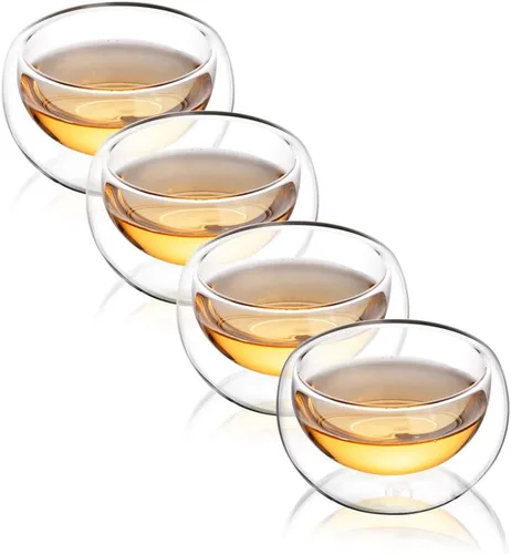 CNGLASS Juego de 4 tazas de té de vidrio de doble pared, 5.1 onzas, tazas de té transparentes aisladas asiáticas, 5.1 fl oz, pequeña taza de